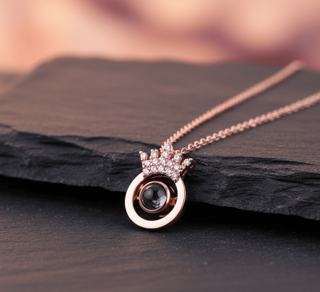 Custom Hidden Photo Projection Round Crown Diamond Necklace - Hidden Forever