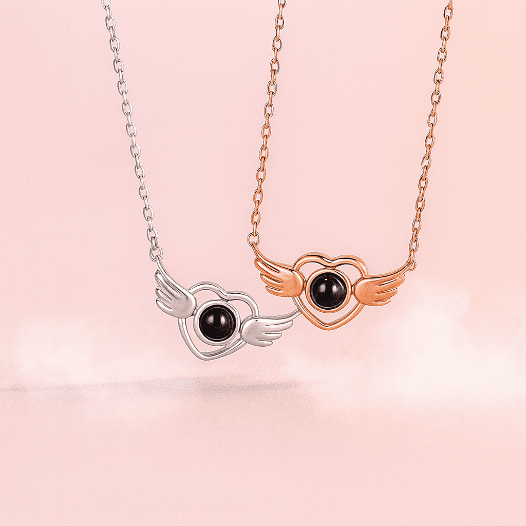 Custom Heart Wing Zircon Gem Hidden Photo Necklace - Hidden Forever
