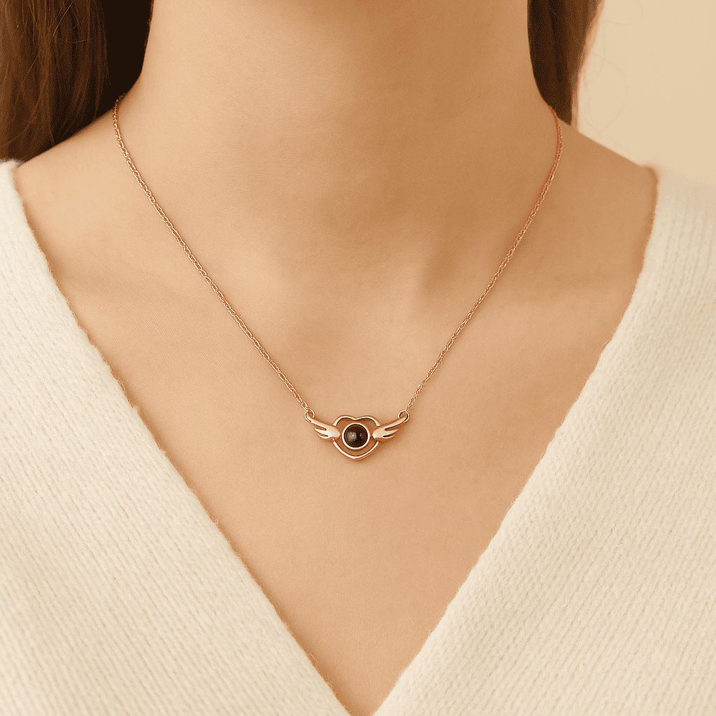 Custom Heart Wing Zircon Gem Hidden Photo Necklace - Hidden Forever
