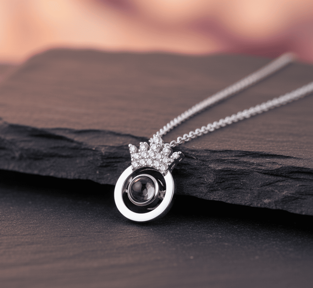 Custom Hidden Photo Projection Round Crown Diamond Necklace - Hidden Forever