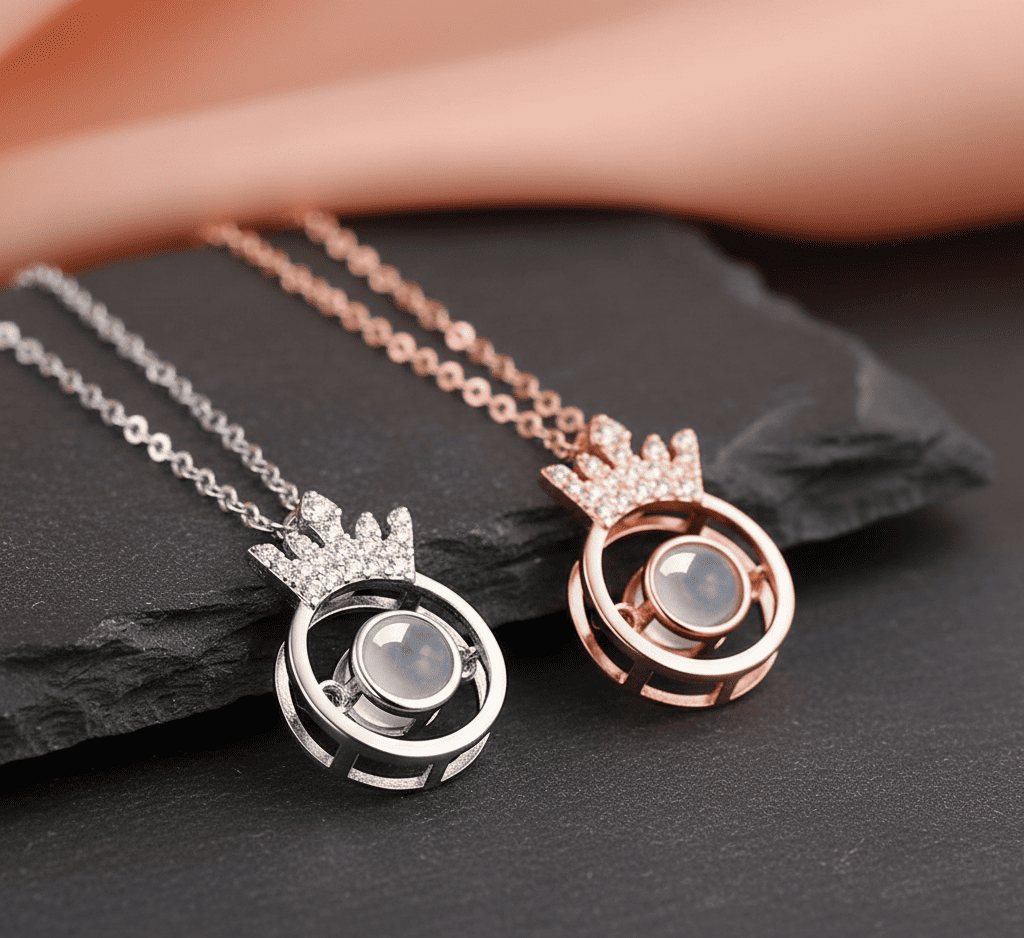 Custom Hidden Photo Projection Round Crown Diamond Necklace - Hidden Forever