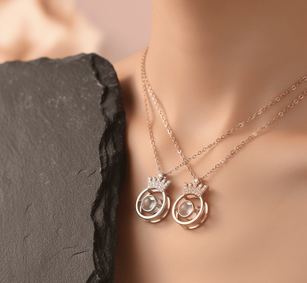 Custom Hidden Photo Projection Round Crown Diamond Necklace - Hidden Forever