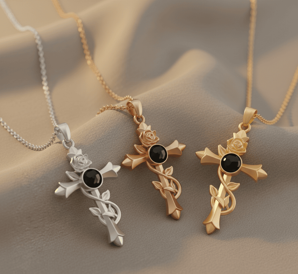 Custom Hidden Photo Projection Vintage Rose Cross Necklace - Hidden Forever