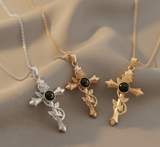 Custom Hidden Photo Projection Vintage Rose Cross Necklace - Hidden Forever