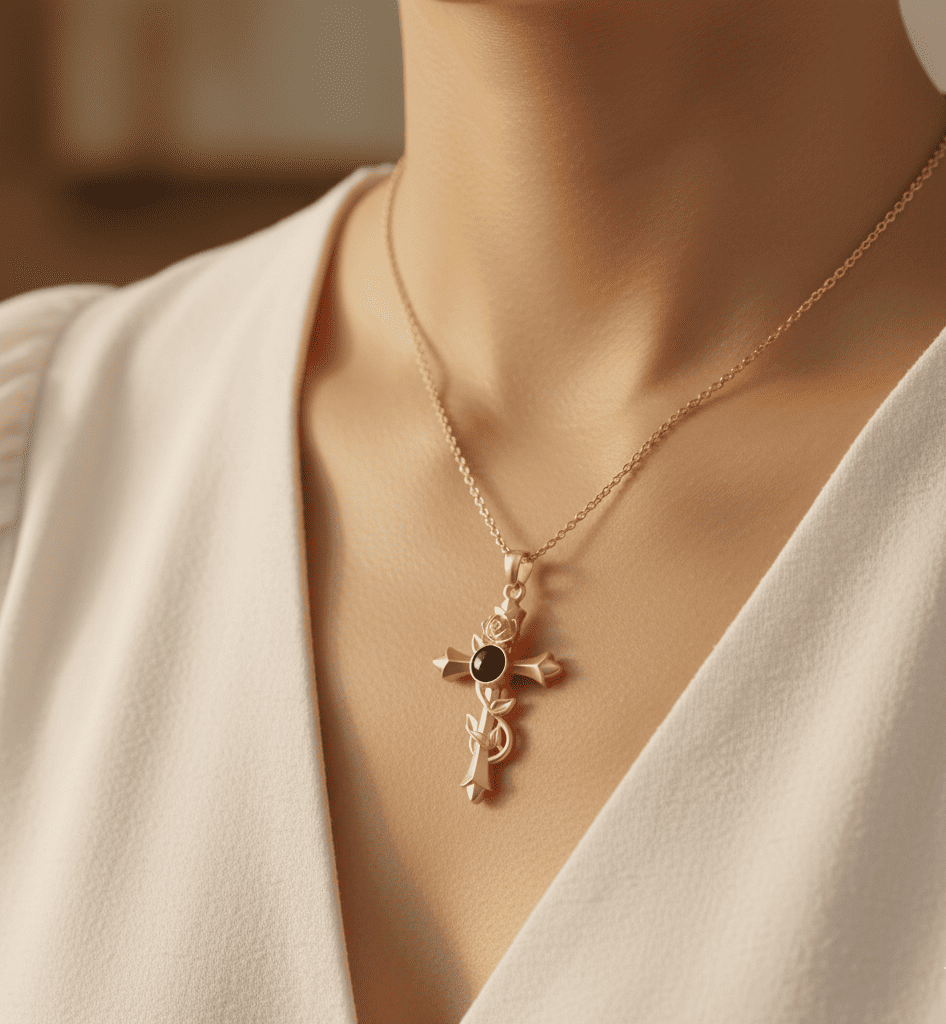 Custom Hidden Photo Projection Vintage Rose Cross Necklace - Hidden Forever