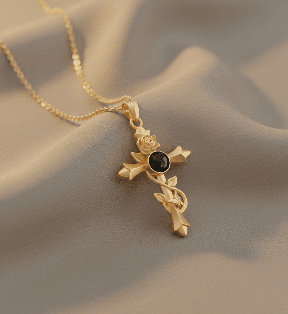 Custom Hidden Photo Projection Vintage Rose Cross Necklace - Hidden Forever
