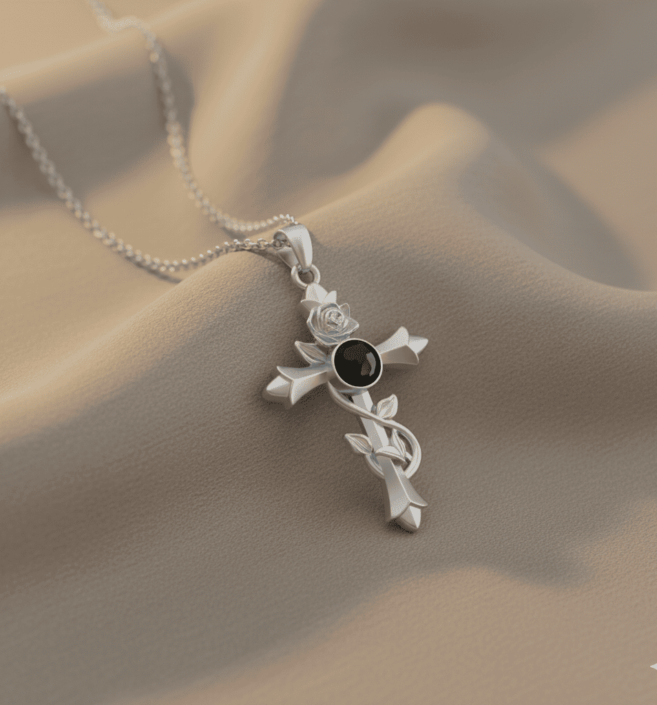 Custom Hidden Photo Projection Vintage Rose Cross Necklace - Hidden Forever