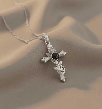 Custom Hidden Photo Projection Vintage Rose Cross Necklace - Hidden Forever