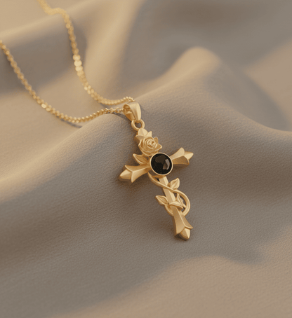 Custom Hidden Photo Projection Vintage Rose Cross Necklace - Hidden Forever