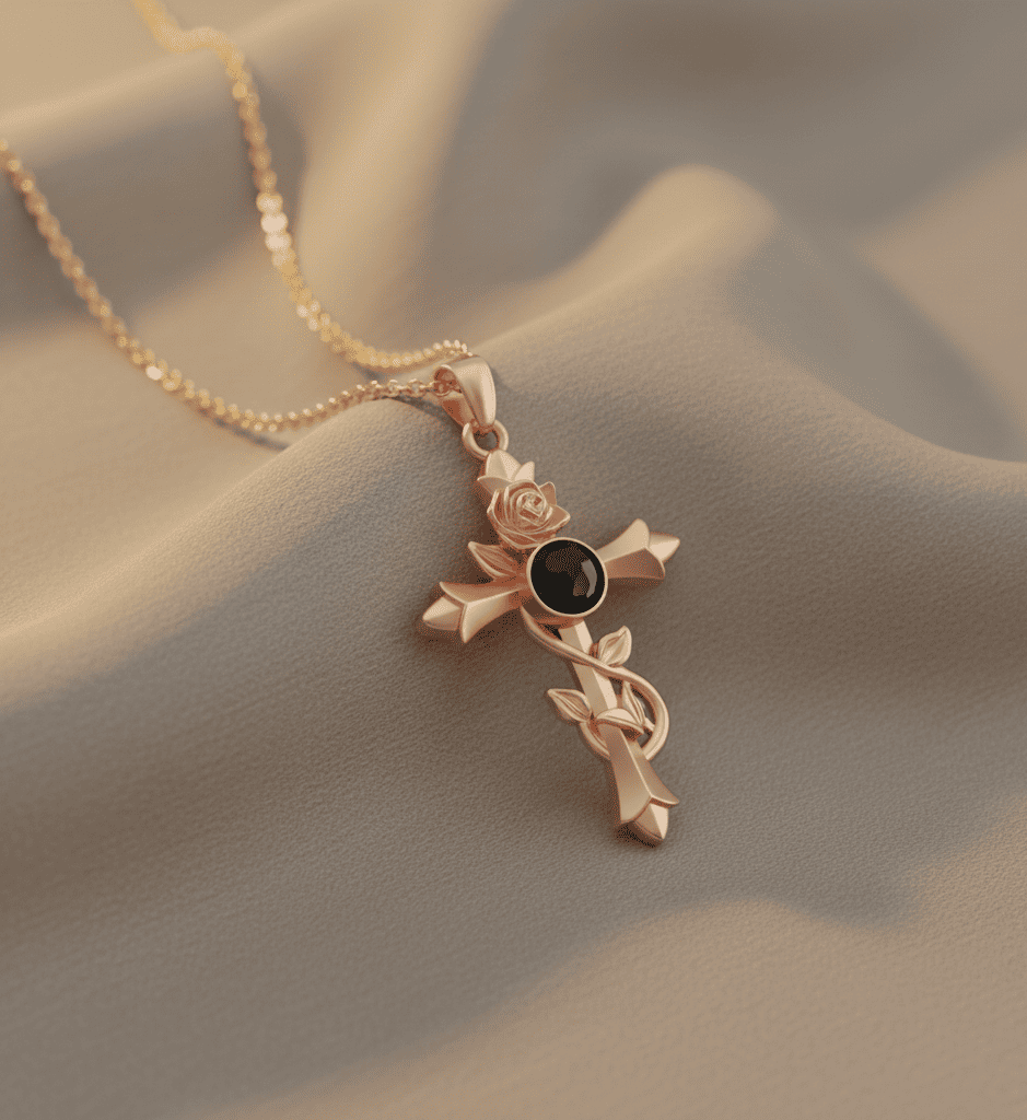 Custom Hidden Photo Projection Vintage Rose Cross Necklace - Hidden Forever