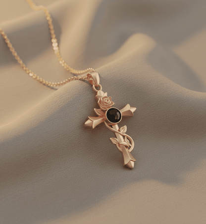 Custom Hidden Photo Projection Vintage Rose Cross Necklace - Hidden Forever