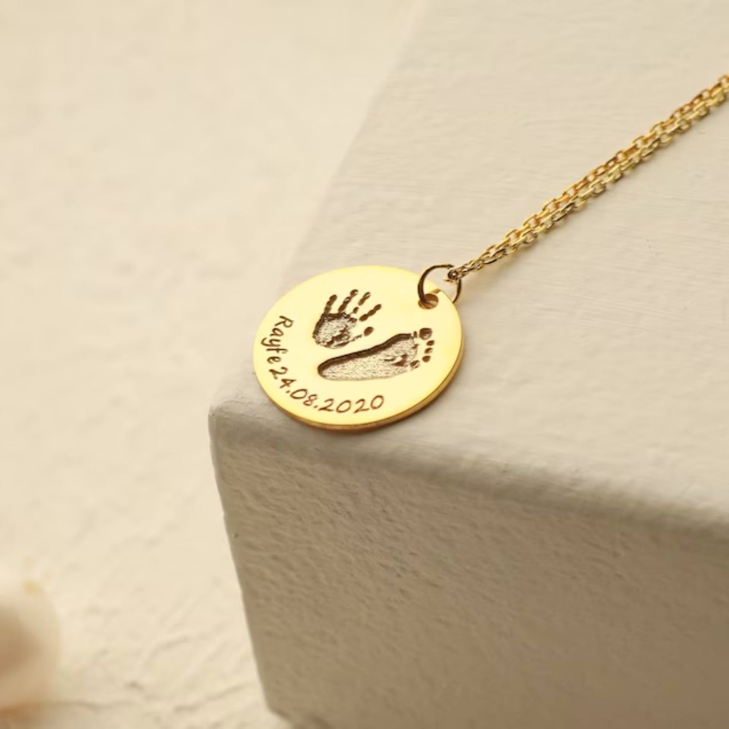 Custom Infant's Handprint/Footprint, Name and Date Necklace - Hidden Forever