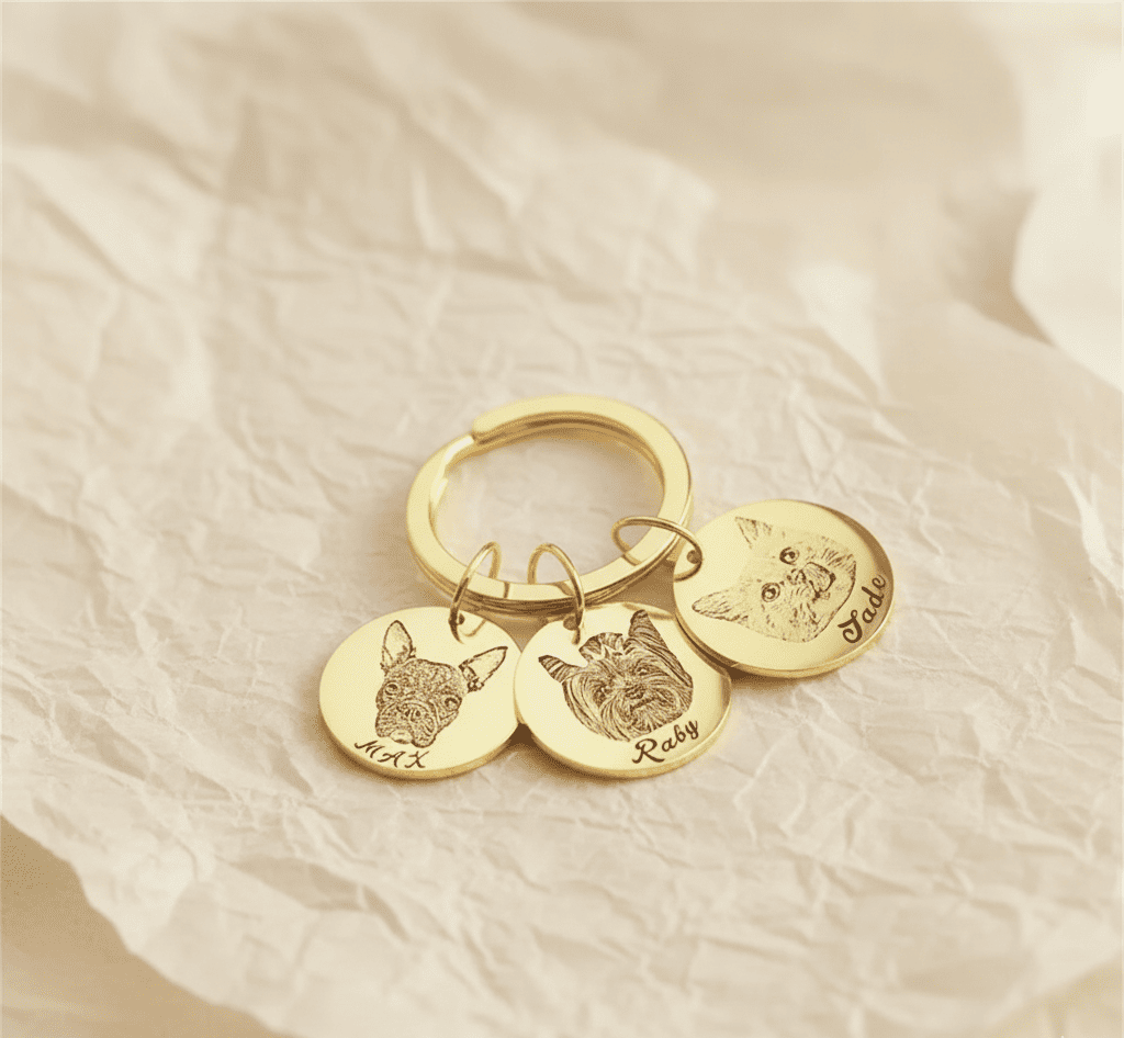 Custom Pet Portrait and Name Disc Keychain - Hidden Forever