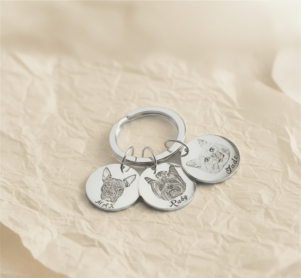 Custom Pet Portrait and Name Disc Keychain - Hidden Forever
