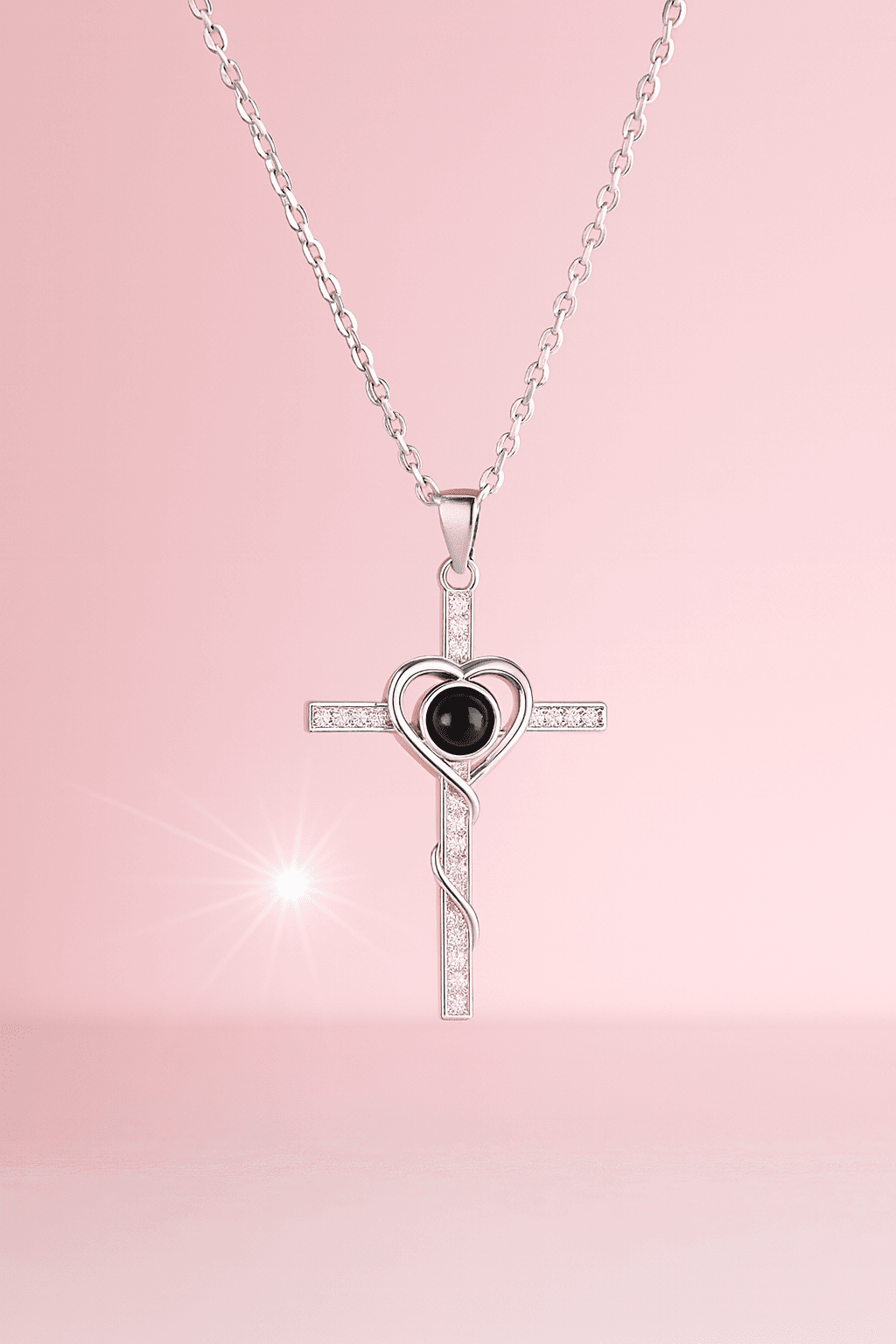 Custom Silver Cross Heart Hidden Photo Necklace - Hidden Forever