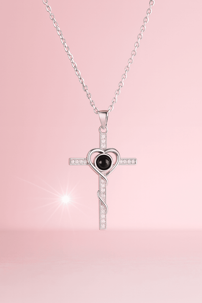 Custom Silver Cross Heart Hidden Photo Necklace - Hidden Forever