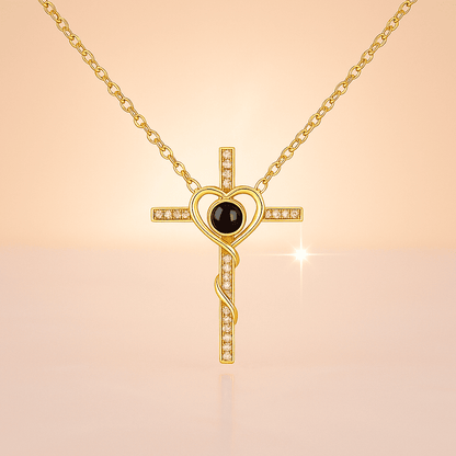 Custom Silver Cross Heart Hidden Photo Necklace - Hidden Forever