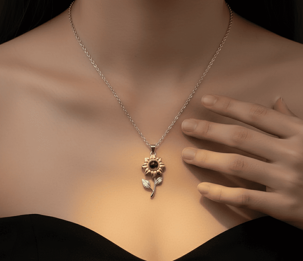 Custom Sunflower Zircon Gem Hidden Photo Necklace - Hidden Forever