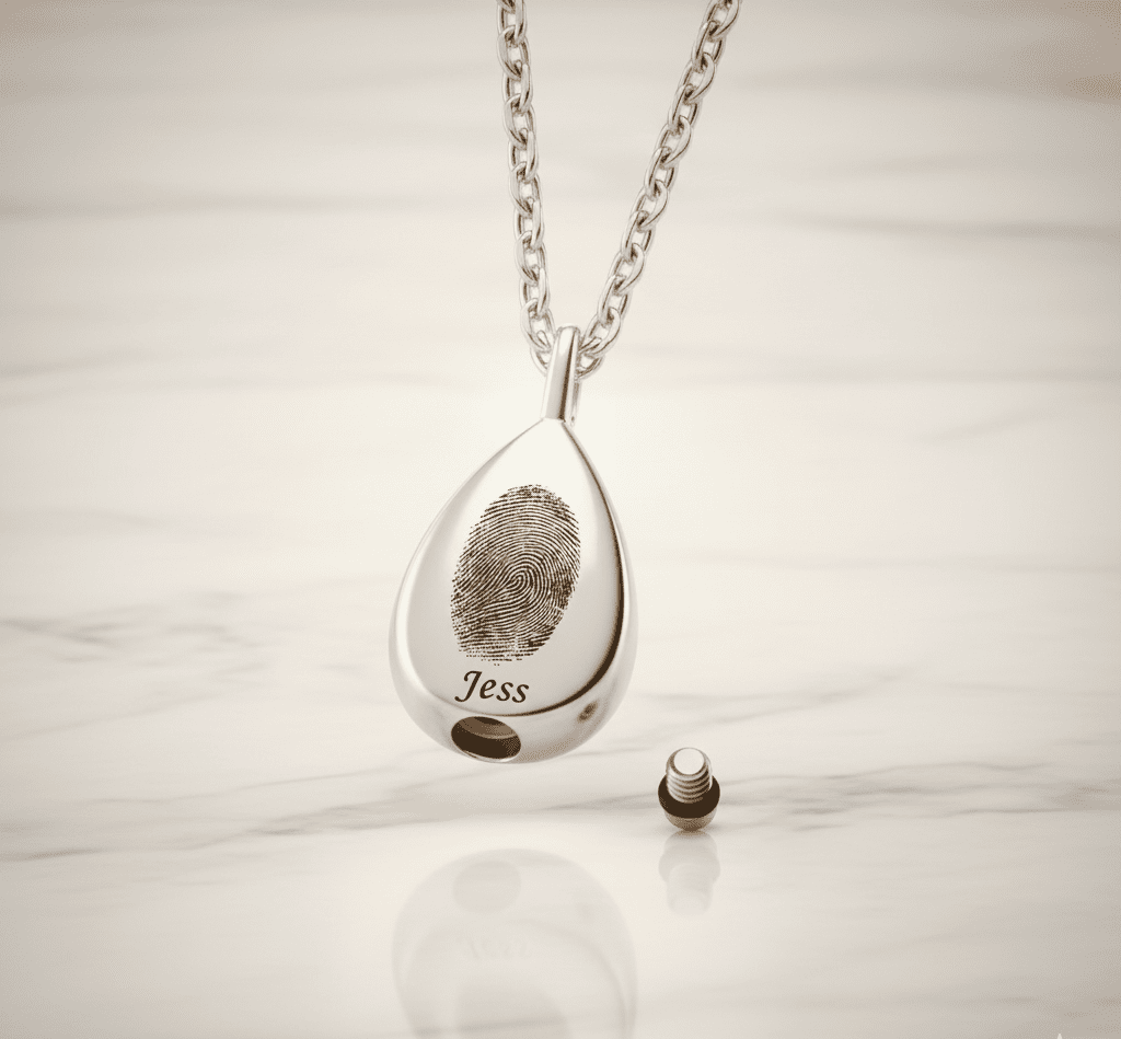 Fingerprint Teardrop Necklace with Engraving for Ashes - Hidden Forever