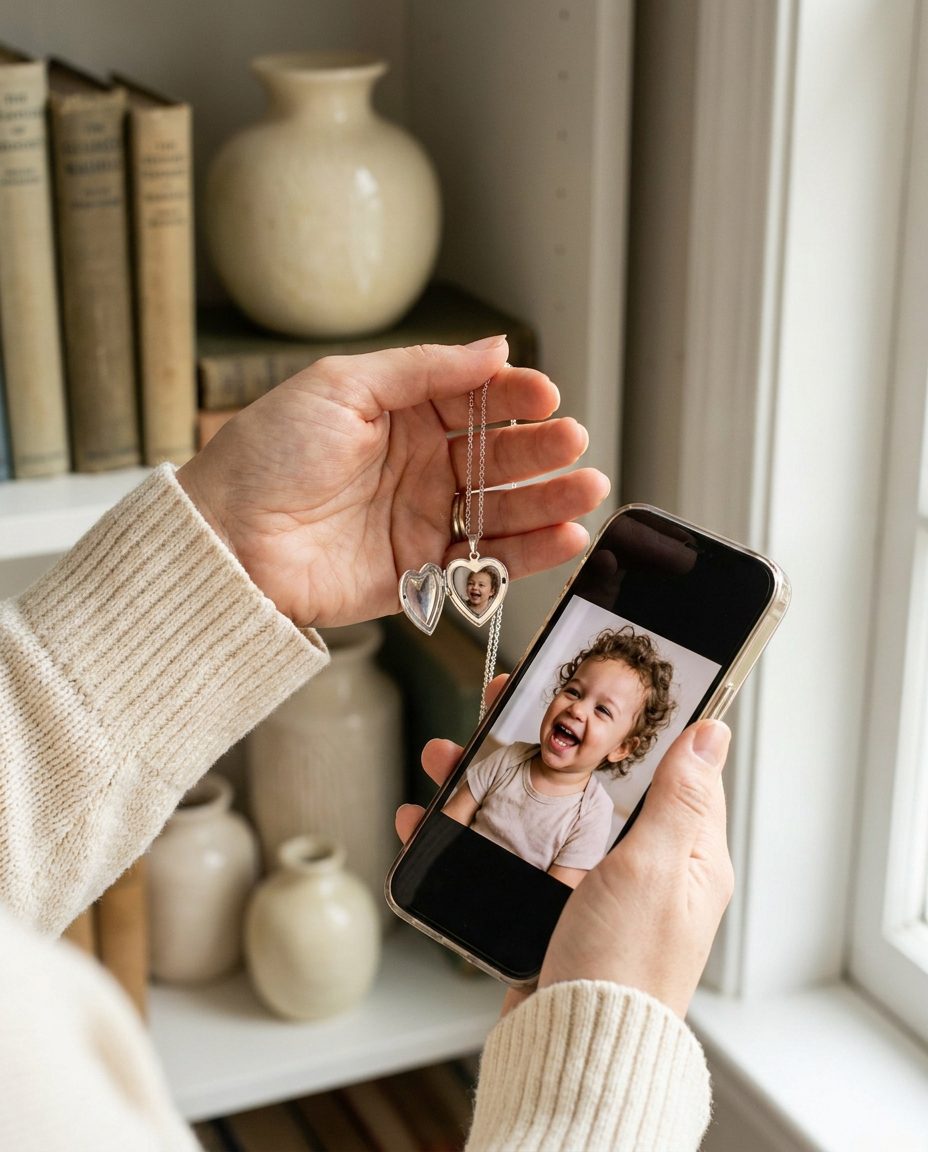 A hand holding a heart pendant next to a phone showing a photo of a laughing child