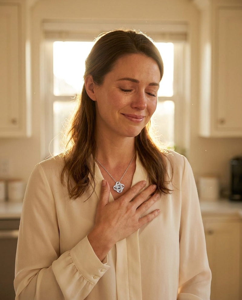 A woman with her hand on her chest, wearing a knot pendant, moved to tears