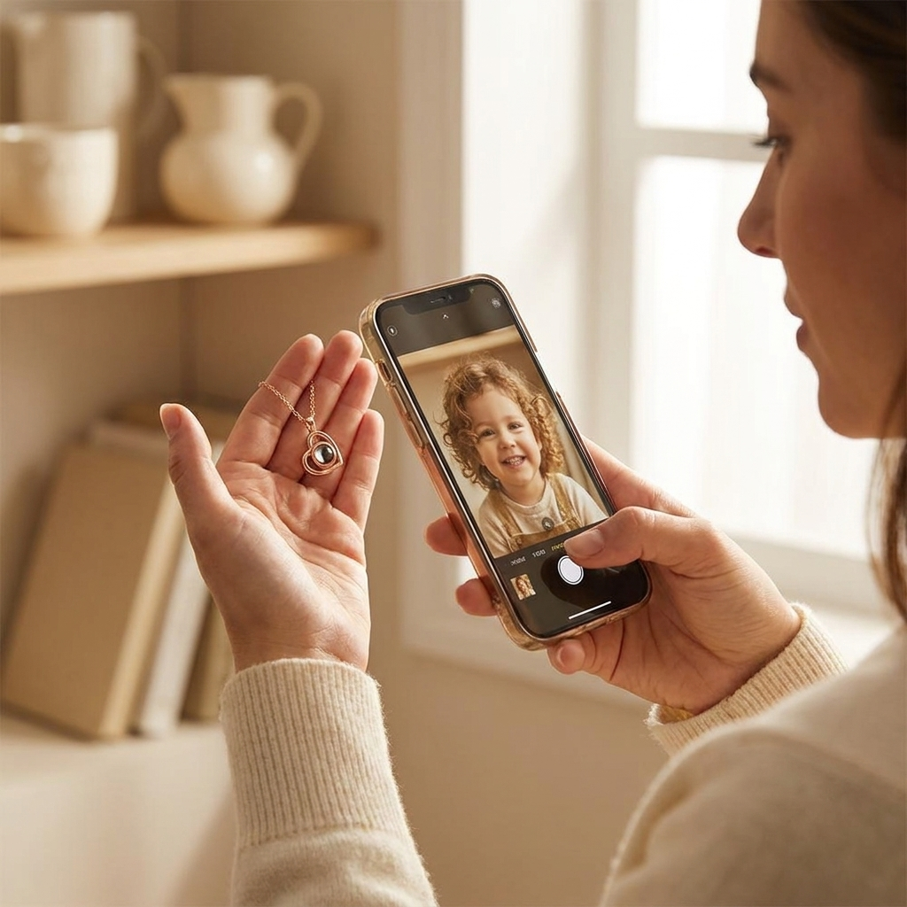 Pointing a phone camera at the gem to see the hidden photo magnified on screen