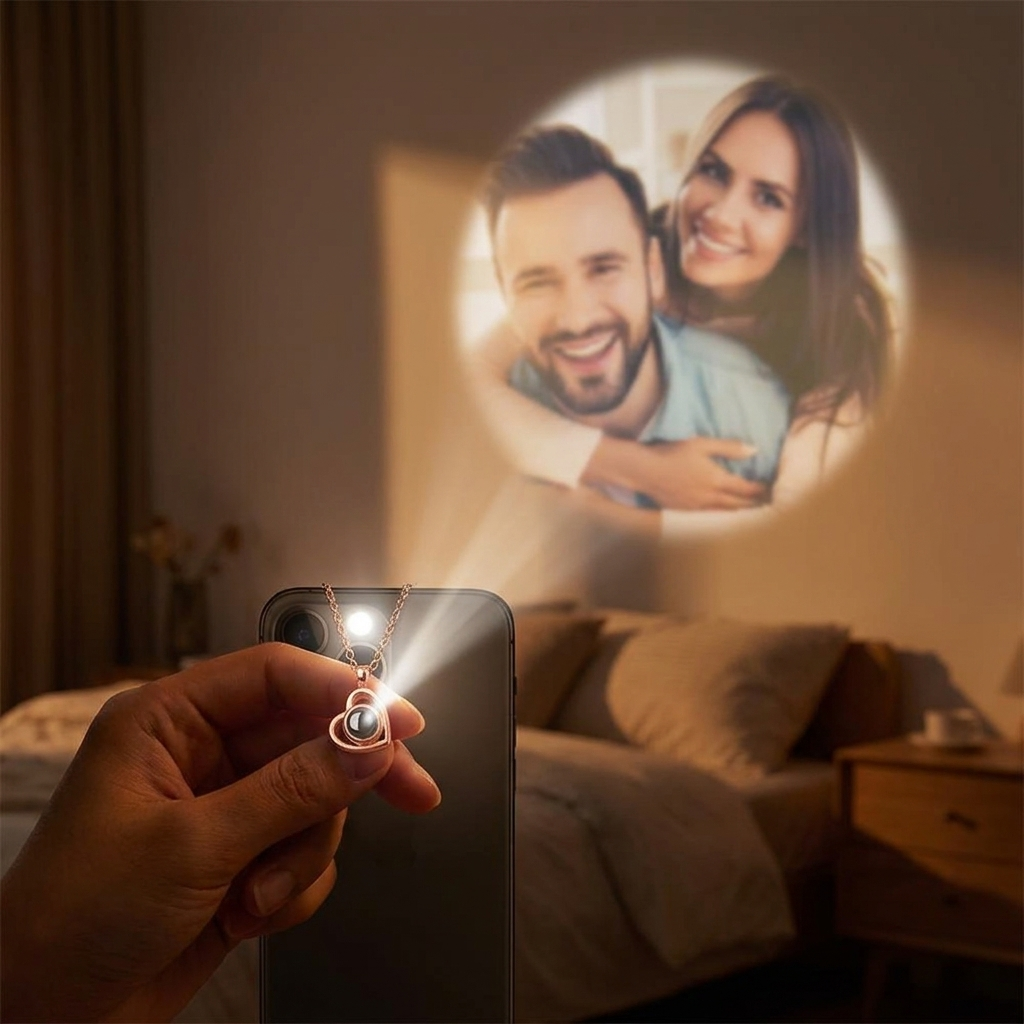 Phone torch shone through the pendant gem projecting the hidden photo onto a bedroom wall