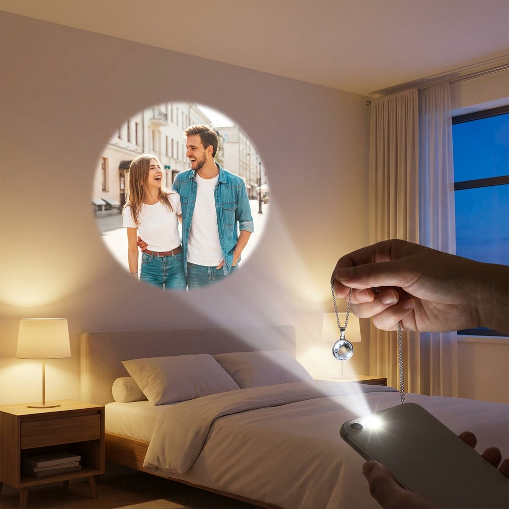 Shine a phone torch through the gem to project your hidden photo onto the wall