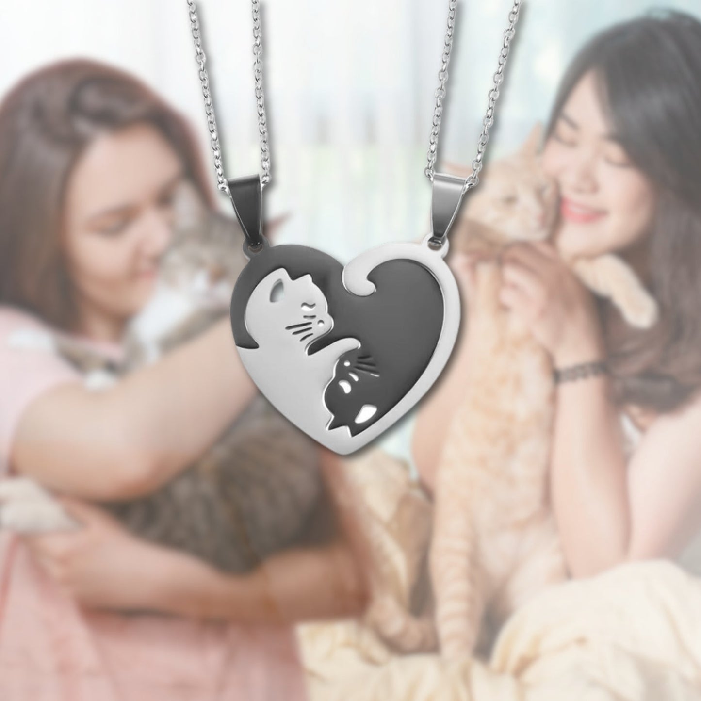 Matching Sisters Loving Cat Necklace - Hidden Forever