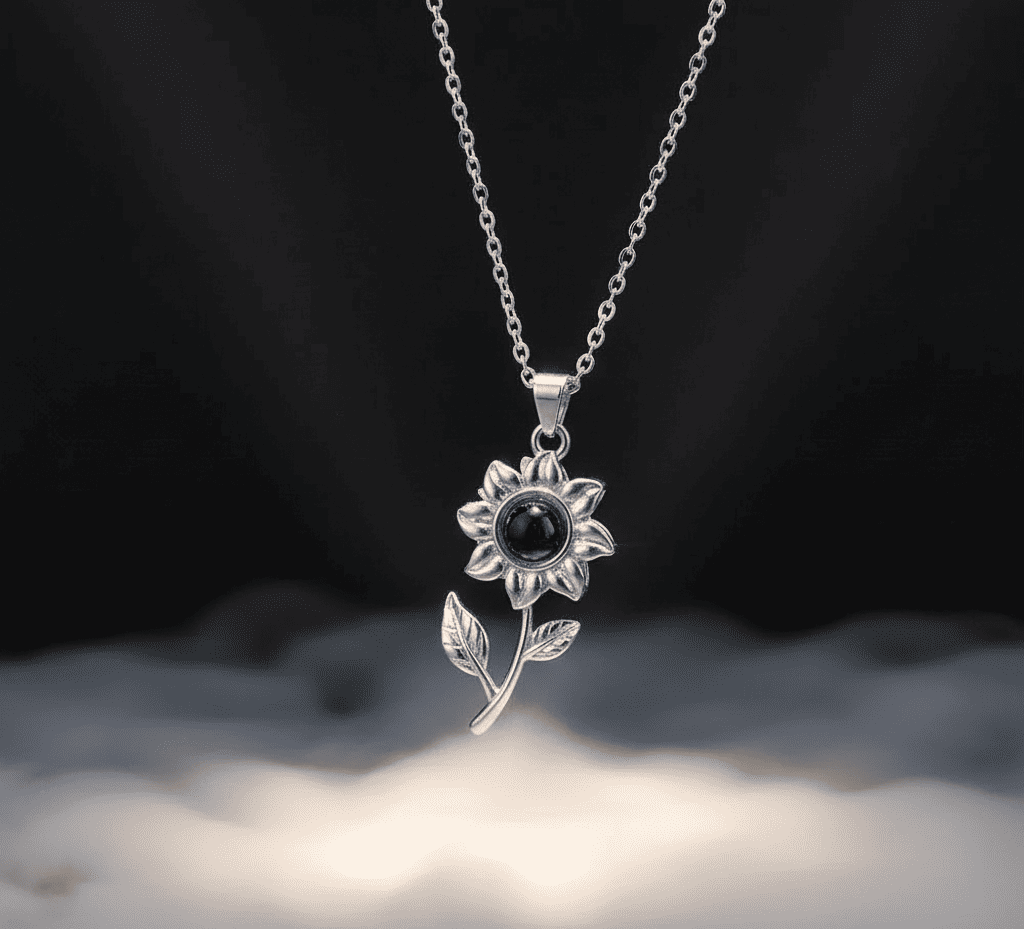 Custom Sunflower Zircon Gem Hidden Photo Necklace