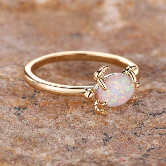 White Fire Opal Turtle Ring - Hidden Forever