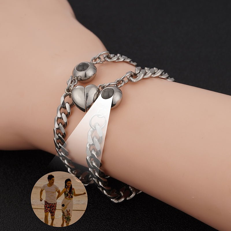 Custom Couple's Silver Magnetic Chain Hidden Photo Bracelet - Hidden Forever