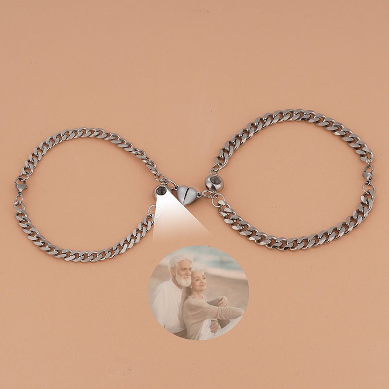 Custom Couple's Silver Magnetic Chain Hidden Photo Bracelet - Hidden Forever