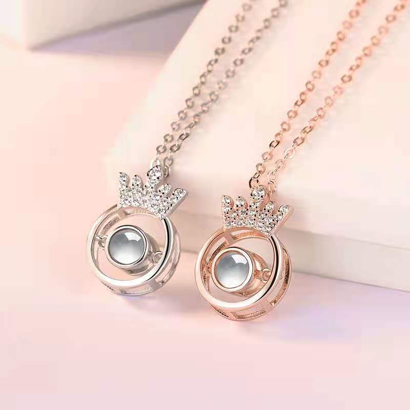 Custom Hidden Photo Projection Round Crown Diamond Necklace - Hidden Forever