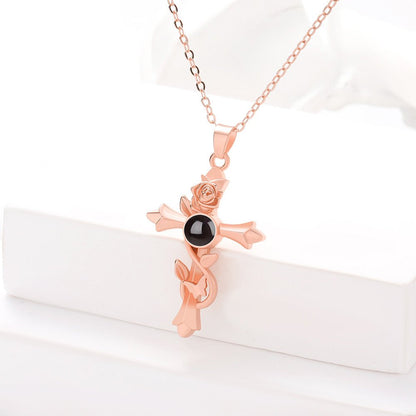 Custom Hidden Photo Projection Vintage Rose Cross Necklace - Hidden Forever