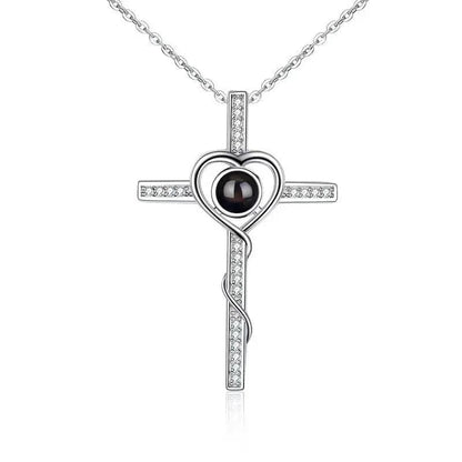 Custom Silver Cross Heart Hidden Photo Necklace - Hidden Forever